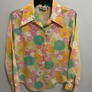 RARE Vintage Women’s 1960’s Hippie Psychedelic Floral Print Blouse, Size 12